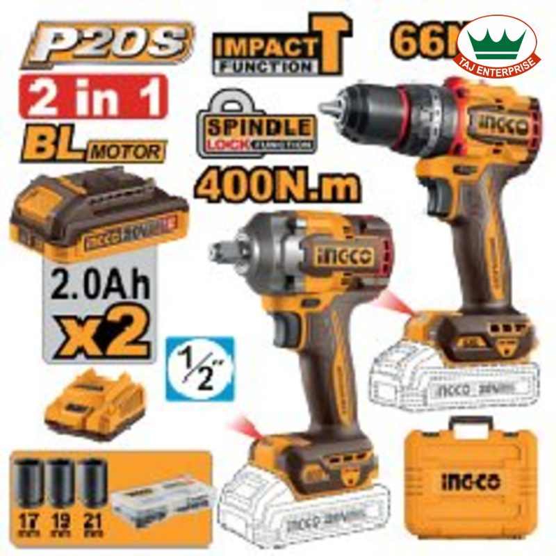 Cordless 2 Pcs Combo Kit 20V (Impact Drill + CIWLI20401 Impact Wrench)